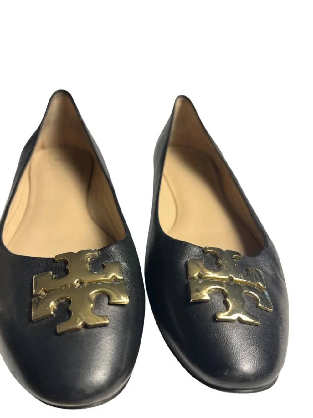 Tory Burch Black Leather Logo Ballet Flats Womens Size 8M With Gold Hardware